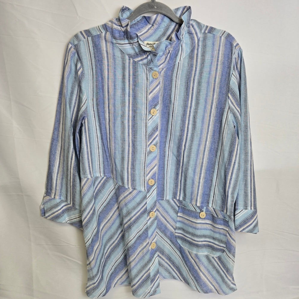 Norm Thompson Cotton Linen Asymmetrical Striped‎ Tunic, Blue White, Large NWOT